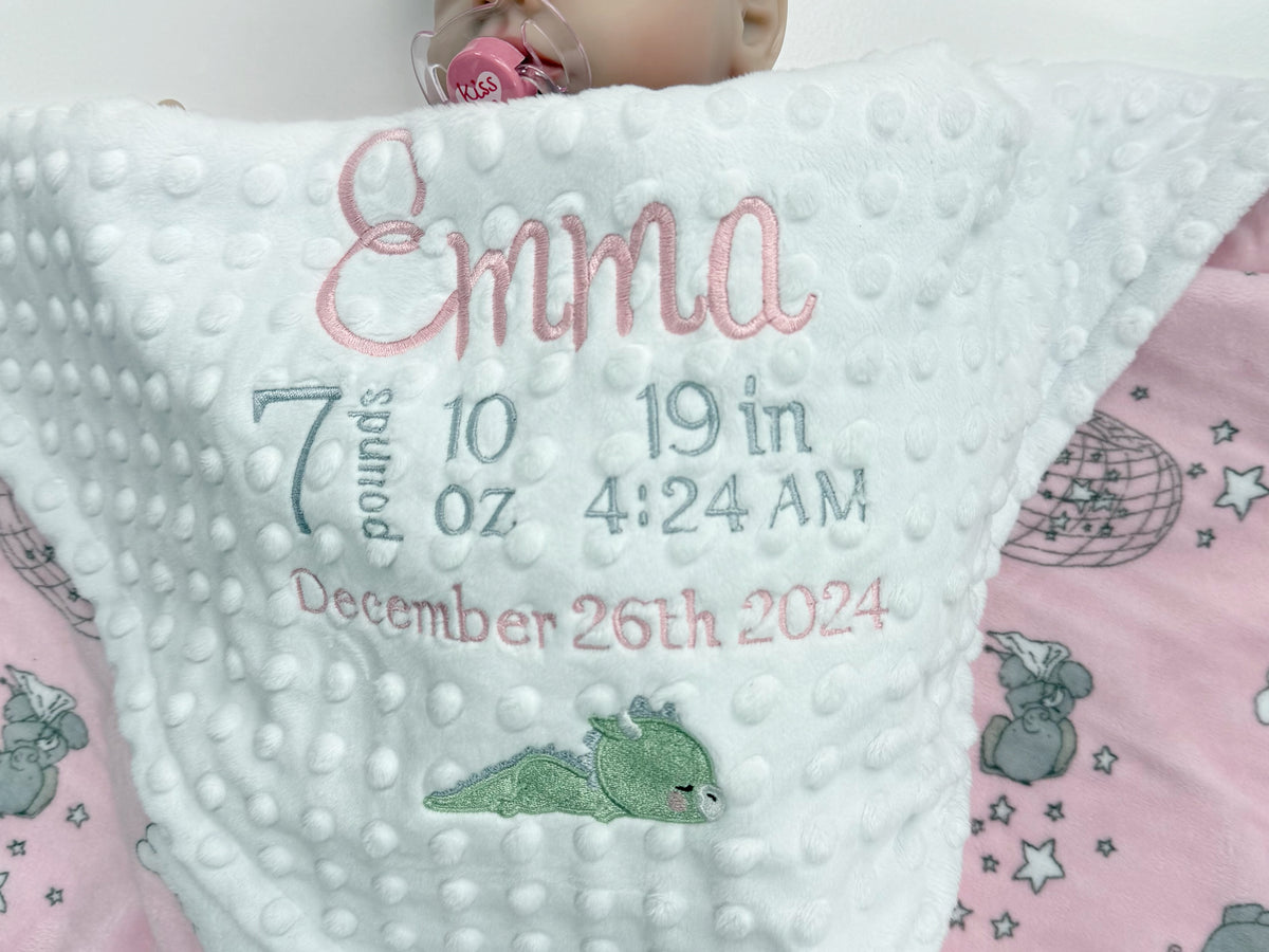 Pink and White Minky Baby Blanket, Personalized with Embroidered Birth Stats with Dragon