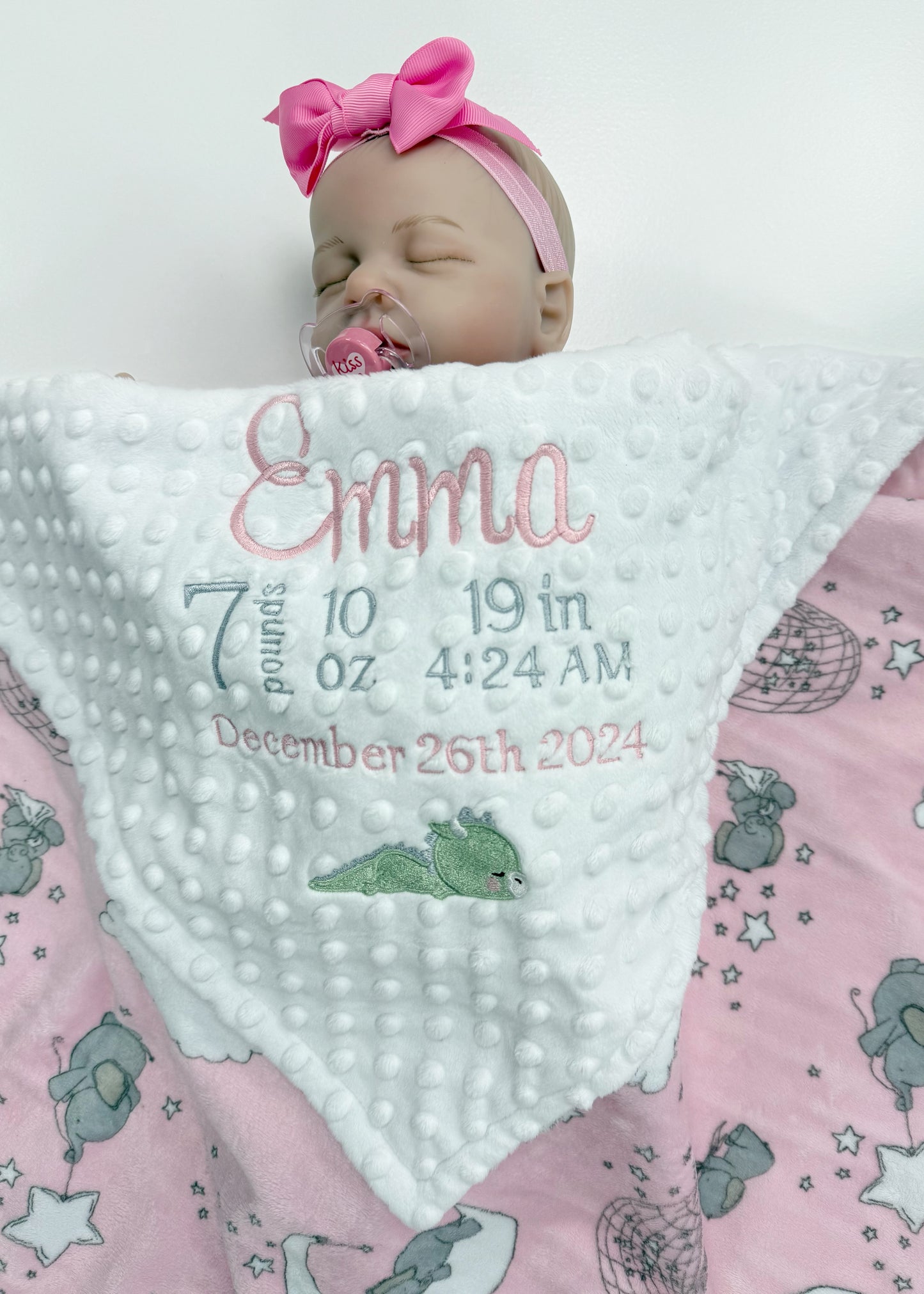 Baby Blanket, Pink and White Minky, Elephant Print, Birth Stats with Dragon, Personalized Gift for Baby Girl, Keepsake Baby Gift