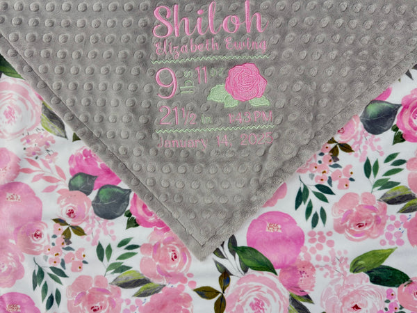 Baby Girl Blanket, Birth Stats Blanket, Pink Roses, Personalized Baby Gift, Embroidered Baby Blanket
