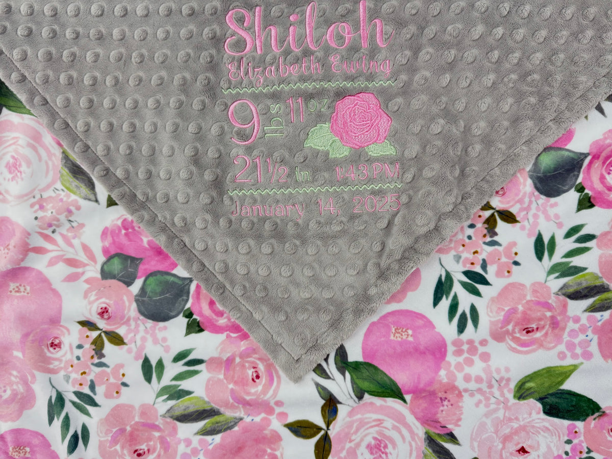 Baby Girl Blanket, Birth Stats Blanket, Pink Roses, Personalized Baby Gift, Embroidered Baby Blanket