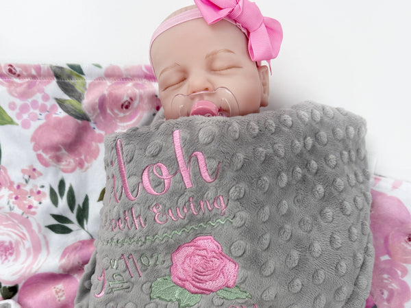 Baby Girl Blanket, Birth Stats Blanket, Pink Roses, Personalized Baby Gift, Embroidered Baby Blanket
