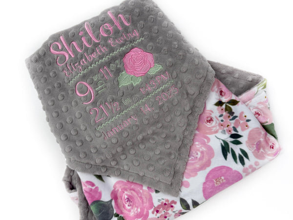 Baby Girl Blanket, Birth Stats Blanket, Pink Roses, Personalized Baby Gift, Embroidered Baby Blanket