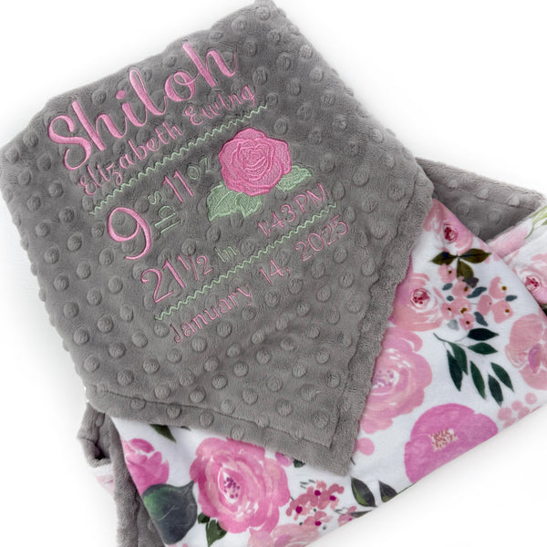 Baby Girl Blanket, Birth Stats Blanket, Pink Roses, Personalized Baby Gift, Embroidered Baby Blanket
