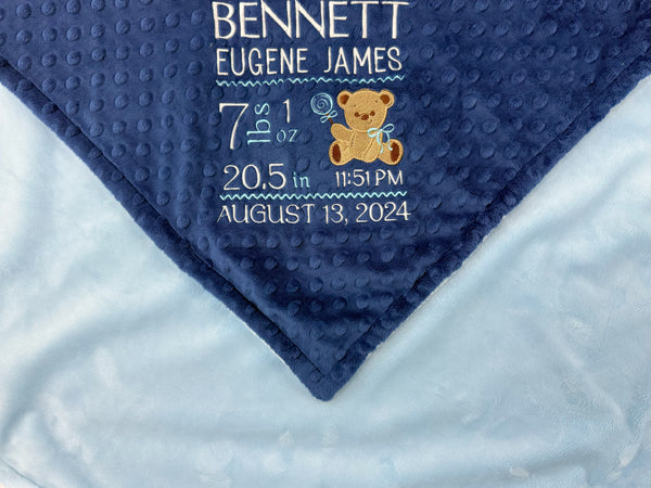 Birth Stats Baby Blanket, Blue Teddy Bear Minky, Personalized Gift for Baby Boy