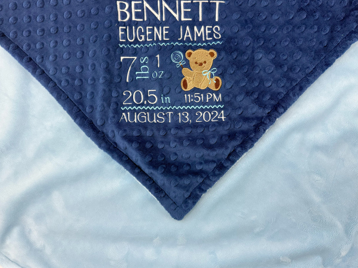 Birth Stats Baby Blanket, Blue Teddy Bear Minky, Personalized Gift for Baby Boy