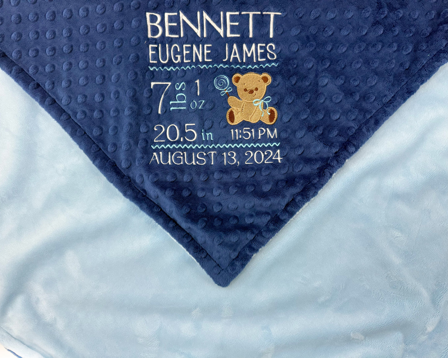 Birth Stats Baby Blanket, Blue Teddy Bear Minky, Personalized Gift for Baby Boy