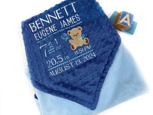 Birth Stats Baby Blanket, Blue Teddy Bear Minky, Personalized Gift for Baby Boy