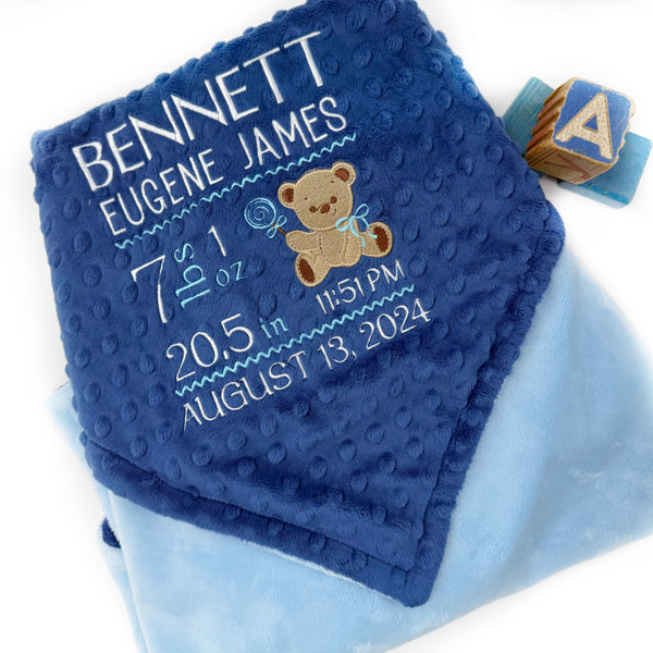 Birth Stats Baby Blanket, Blue Teddy Bear Minky, Personalized Gift for Baby Boy