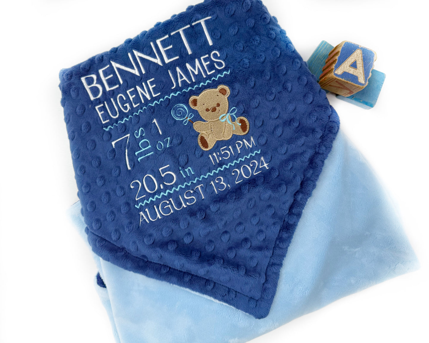 Birth Stats Baby Blanket, Blue Teddy Bear Minky, Personalized Gift for Baby Boy