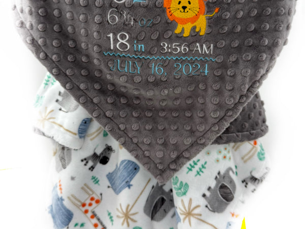 Personalized Baby Blanket, Gray Zoo Animals with Birth Stats and Lion
