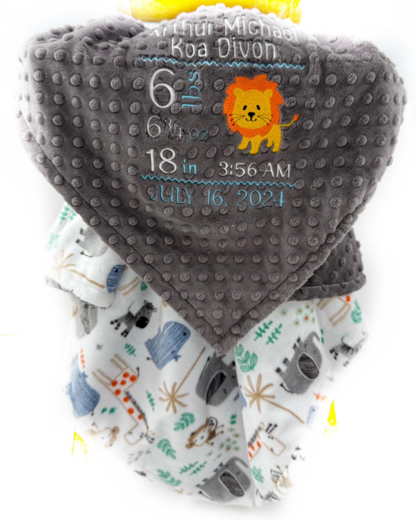 Personalized Baby Blanket, Gray Minky, Zoo Animals Nursery, Birth Stats and Lion, Custom Blanket, Baby Gift for Baby Boy