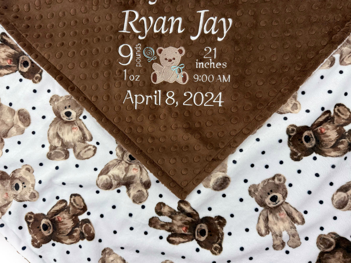 Birth Stats Baby Blanket, Brown Teddy Bear Minky, Personalized Gift for Baby