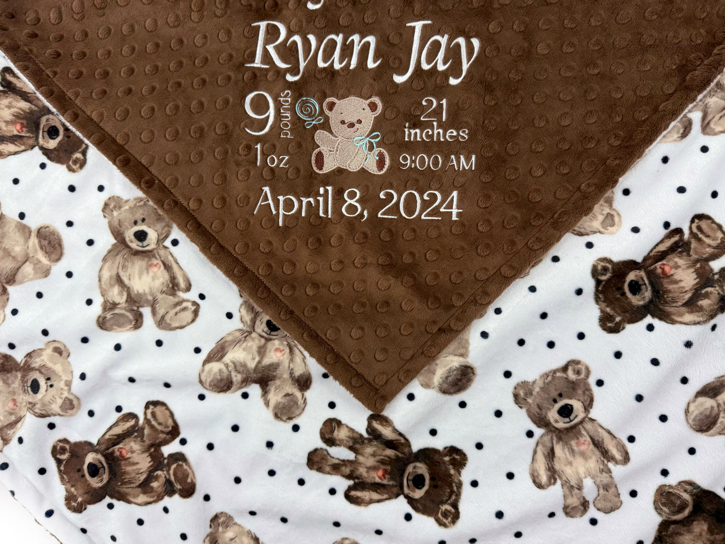 Birth Stats Baby Blanket, Brown Teddy Bear Minky, Personalized Gift for Baby
