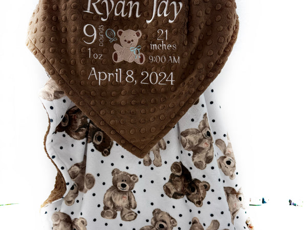 Birth Stats Baby Blanket, Brown Teddy Bear Minky, Personalized Gift for Baby