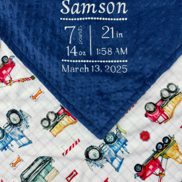 Personalized Baby Blanket, Construction Print, Birth Stats, Keepsake Gift for Baby