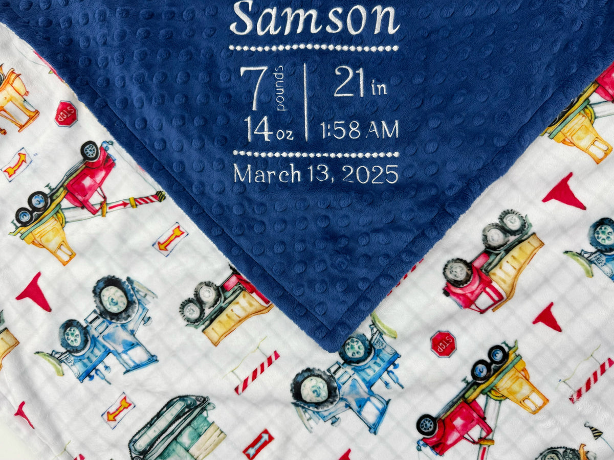 Personalized Baby Blanket, Construction Print, Birth Stats, Keepsake Gift for Baby
