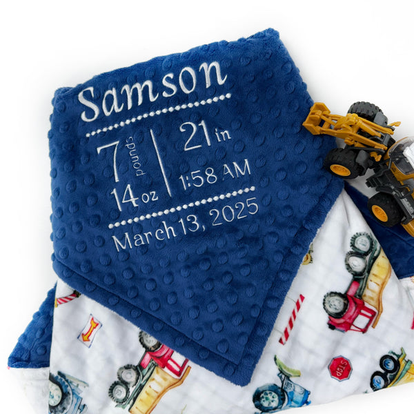 Personalized Baby Blanket, Construction Print, Birth Stats, Keepsake Gift for Baby