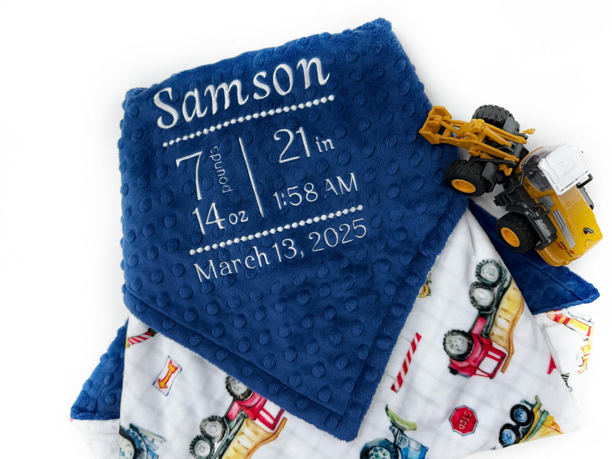 Personalized Baby Blanket, Construction Print, Birth Stats, Keepsake Gift for Baby