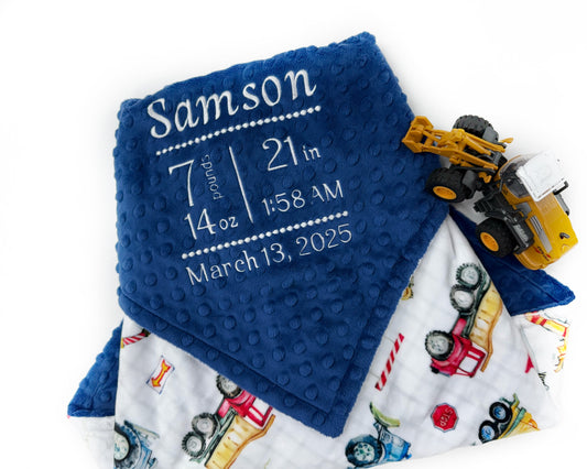 Personalized Baby Blanket, Construction Print, Birth Stats, Keepsake Gift for Baby
