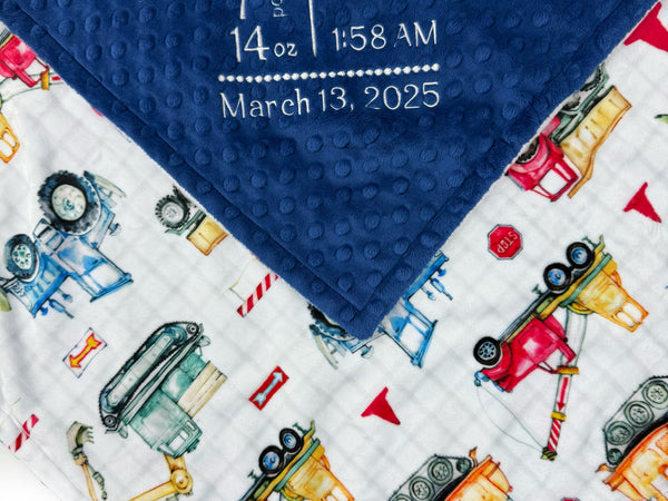 Personalized Baby Blanket, Construction Print, Birth Stats, Keepsake Gift for Baby