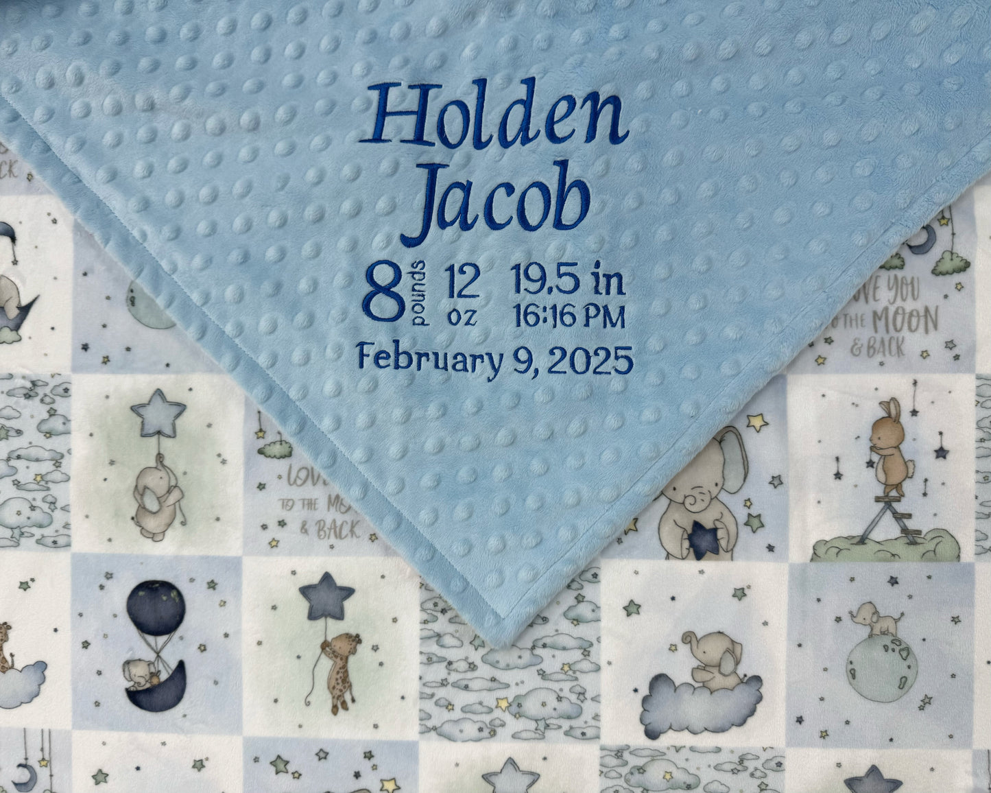 Personalized Baby Blanket, Blue and Gray Minky, Embroidered Minky with Birth Stats, Baby Boy Gift, Elephant Nursery Theme