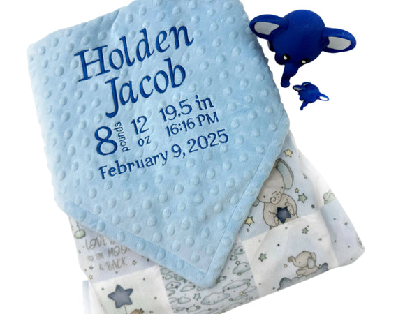 Personalized Baby Blanket, Blue and Gray Embroidered Minky with Birth Stats
