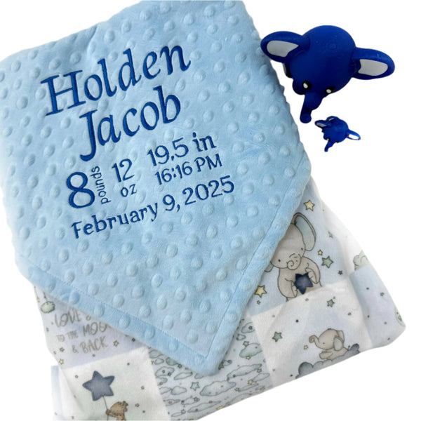 Personalized Baby Blanket, Blue and Gray Embroidered Minky with Birth Stats