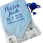 Personalized Baby Blanket, Blue and Gray Embroidered Minky with Birth Stats