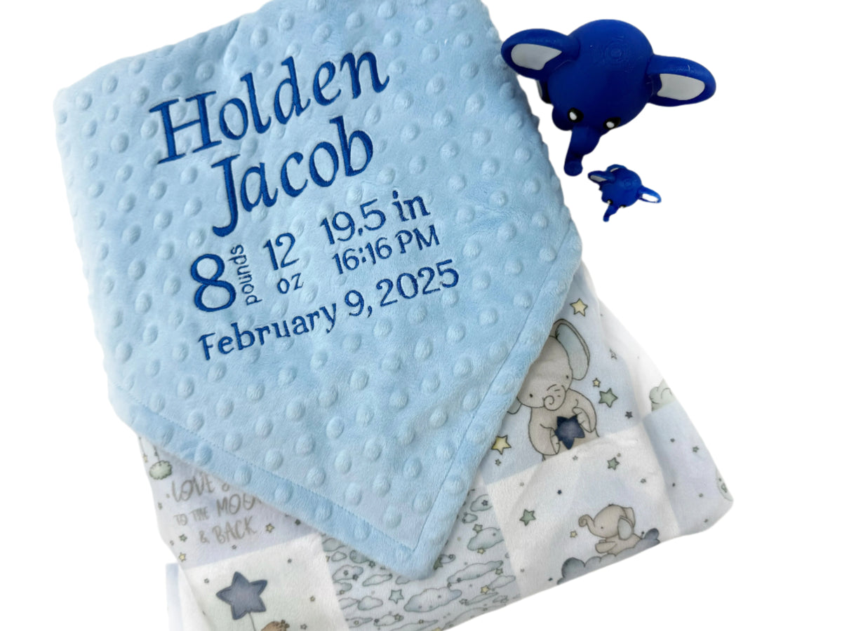 Personalized Baby Blanket, Blue and Gray Embroidered Minky with Birth Stats