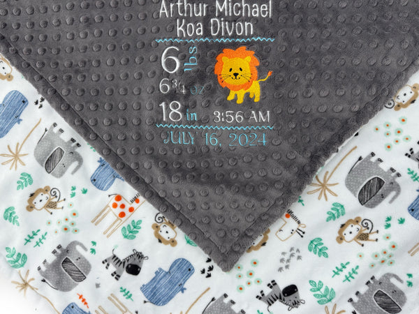Personalized Baby Blanket, Gray Zoo Animals with Birth Stats and Lion