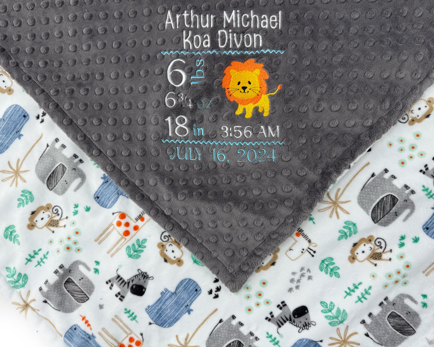 Personalized Baby Blanket, Gray Minky, Zoo Animals Nursery, Birth Stats and Lion, Custom Blanket, Baby Gift for Baby Boy