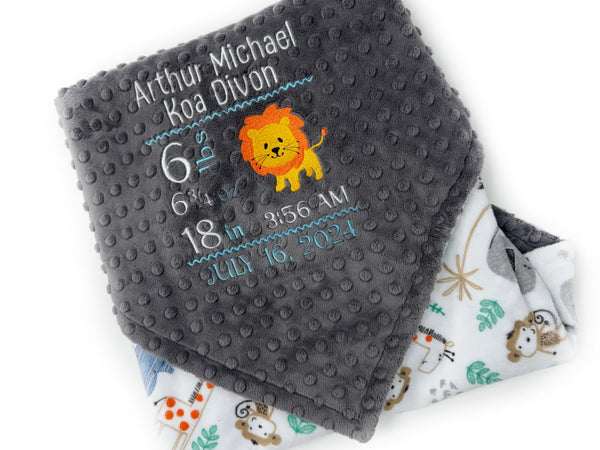 Personalized Baby Blanket, Gray Zoo Animals with Birth Stats and Lion