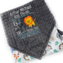 Personalized Baby Blanket, Gray Zoo Animals with Birth Stats and Lion