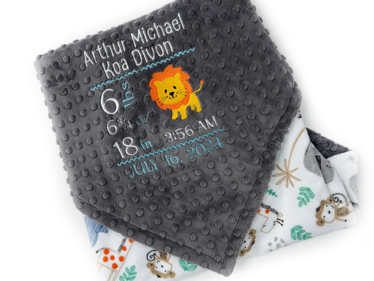 Personalized Baby Blanket, Gray Zoo Animals with Birth Stats and Lion