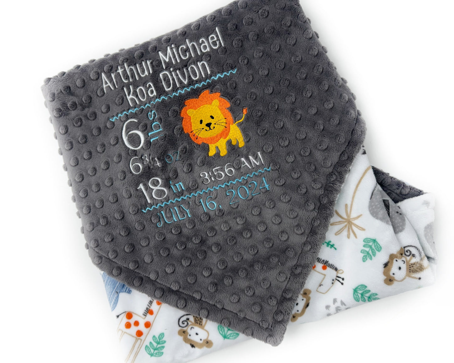 Personalized Baby Blanket, Gray Minky, Zoo Animals Nursery, Birth Stats and Lion, Custom Blanket, Baby Gift for Baby Boy
