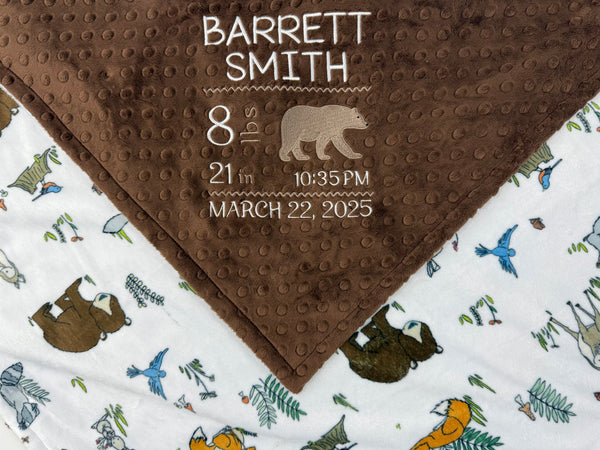 Birth Stats Baby Blanket, Brown Woodland Animal Minky, Birth Stats with Bear, Personalized Gift for Baby