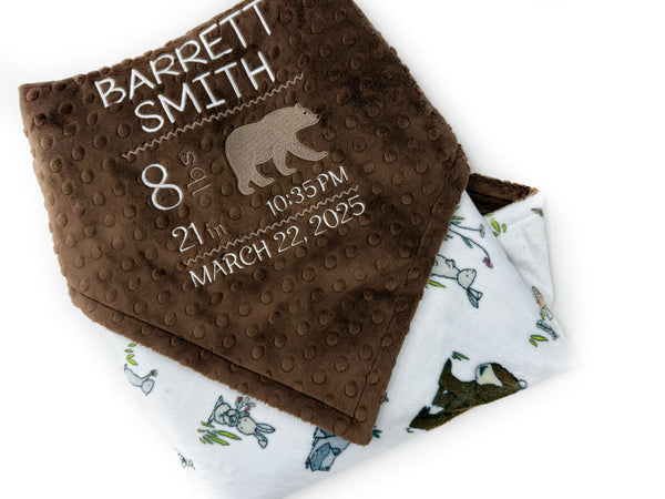 Birth Stats Baby Blanket, Brown Woodland Animal Minky, Birth Stats with Bear, Personalized Gift for Baby
