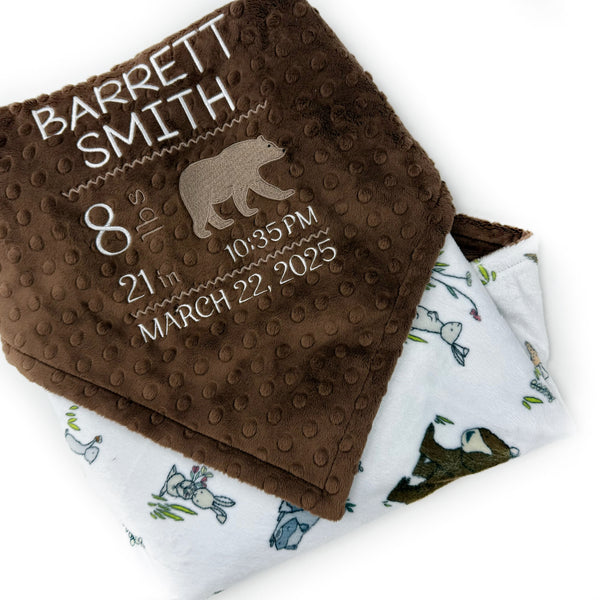 Birth Stats Baby Blanket, Brown Woodland Animal Minky, Birth Stats with Bear, Personalized Gift for Baby