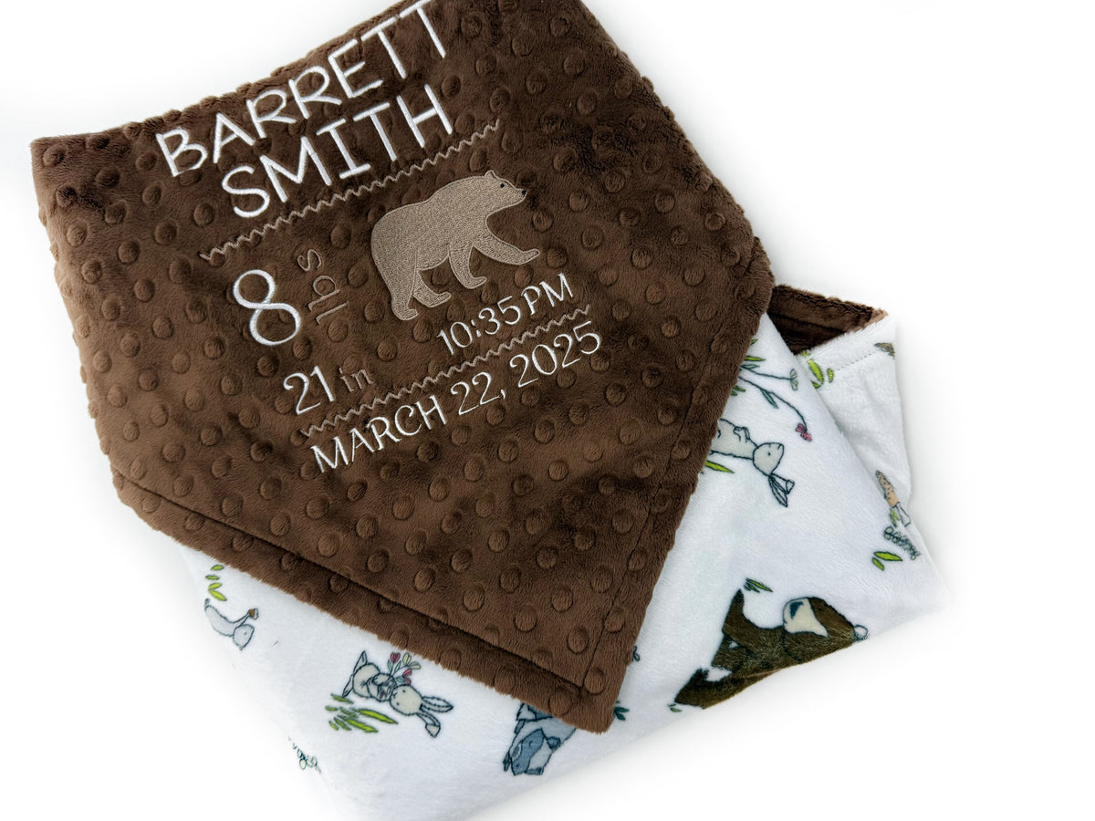 Birth Stats Baby Blanket, Brown Woodland Animal Minky, Birth Stats with Bear, Personalized Gift for Baby