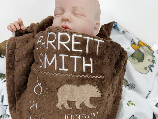 Birth Stats Baby Blanket, Brown Woodland Animal Minky, Birth Stats with Bear, Personalized Gift for Baby