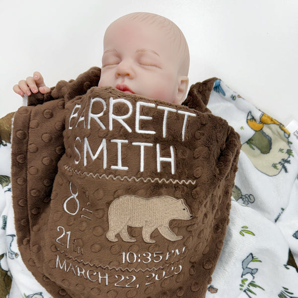 Birth Stats Baby Blanket, Brown Woodland Animal Minky, Birth Stats with Bear, Personalized Gift for Baby