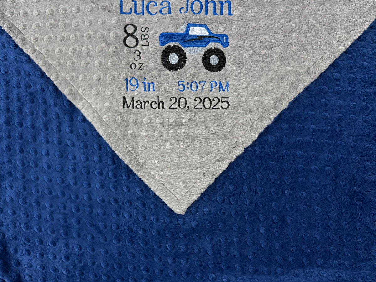 Monster Truck Minky Blanket, Blue and Gray and Personalized