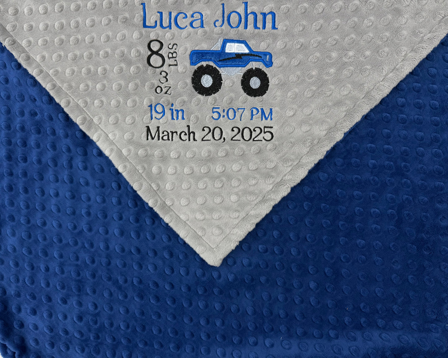 Plush Minky Blanket, Monster Truck Blanket, Blue Gray Personalized Blanket, Gift for Baby Boy, Birth Stats Keepsake Gift for Boys