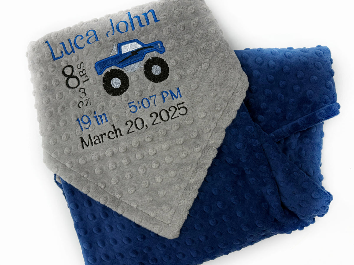 Monster Truck Minky Blanket, Blue and Gray and Personalized