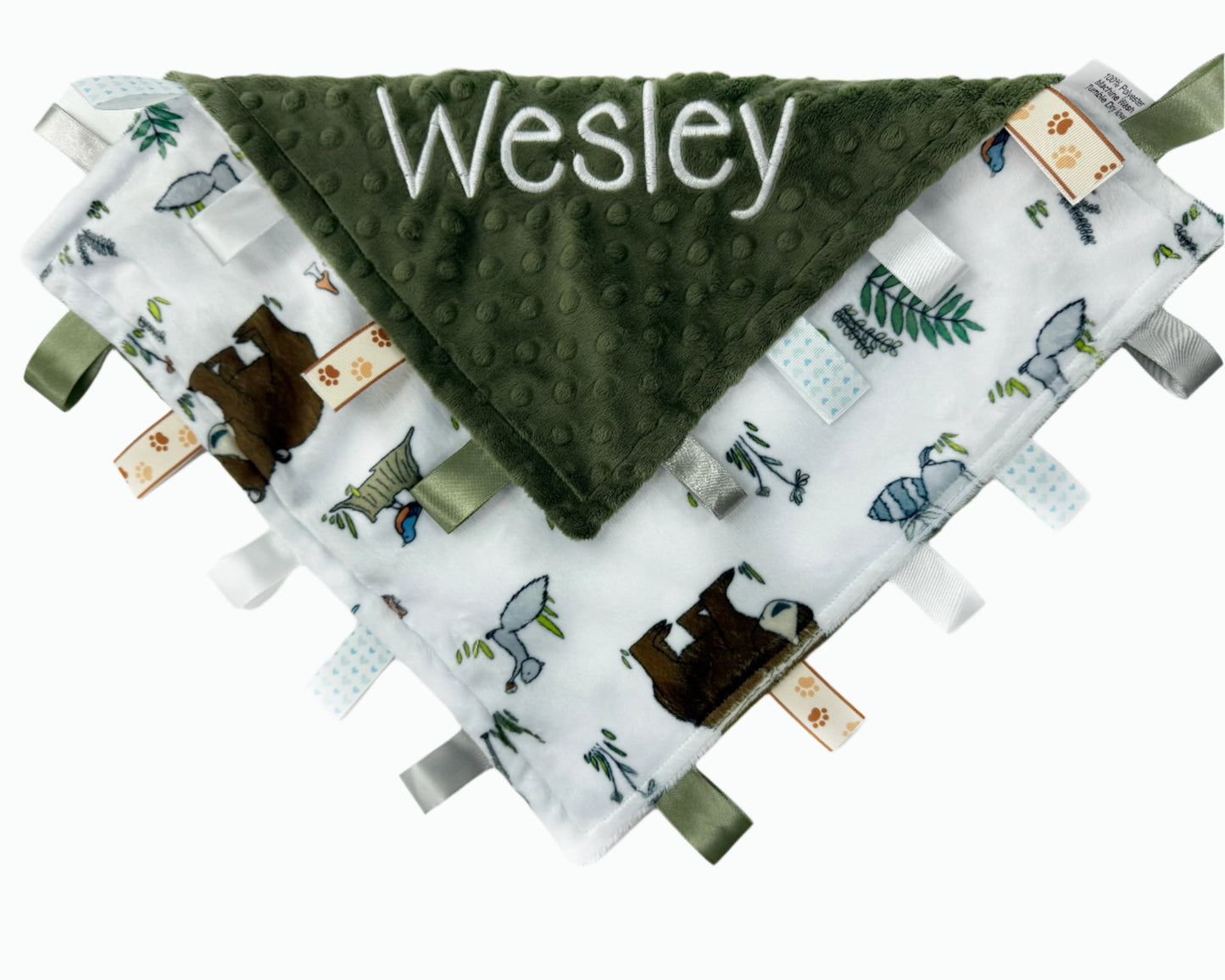 Personalized Lovey, Minky Tag Blanket, Green Woodland Animals Tag Lovey, Sensory Ribbon Tags, Baby Boy Shower Gift