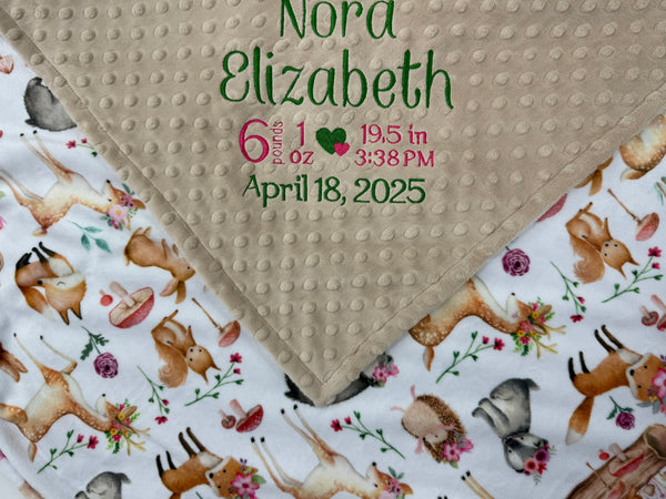 Personalized Baby Blanket in Tan with Woodland Animal Print, Birth Stats