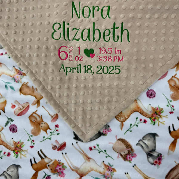 Personalized Baby Blanket in Tan with Woodland Animal Print, Birth Stats