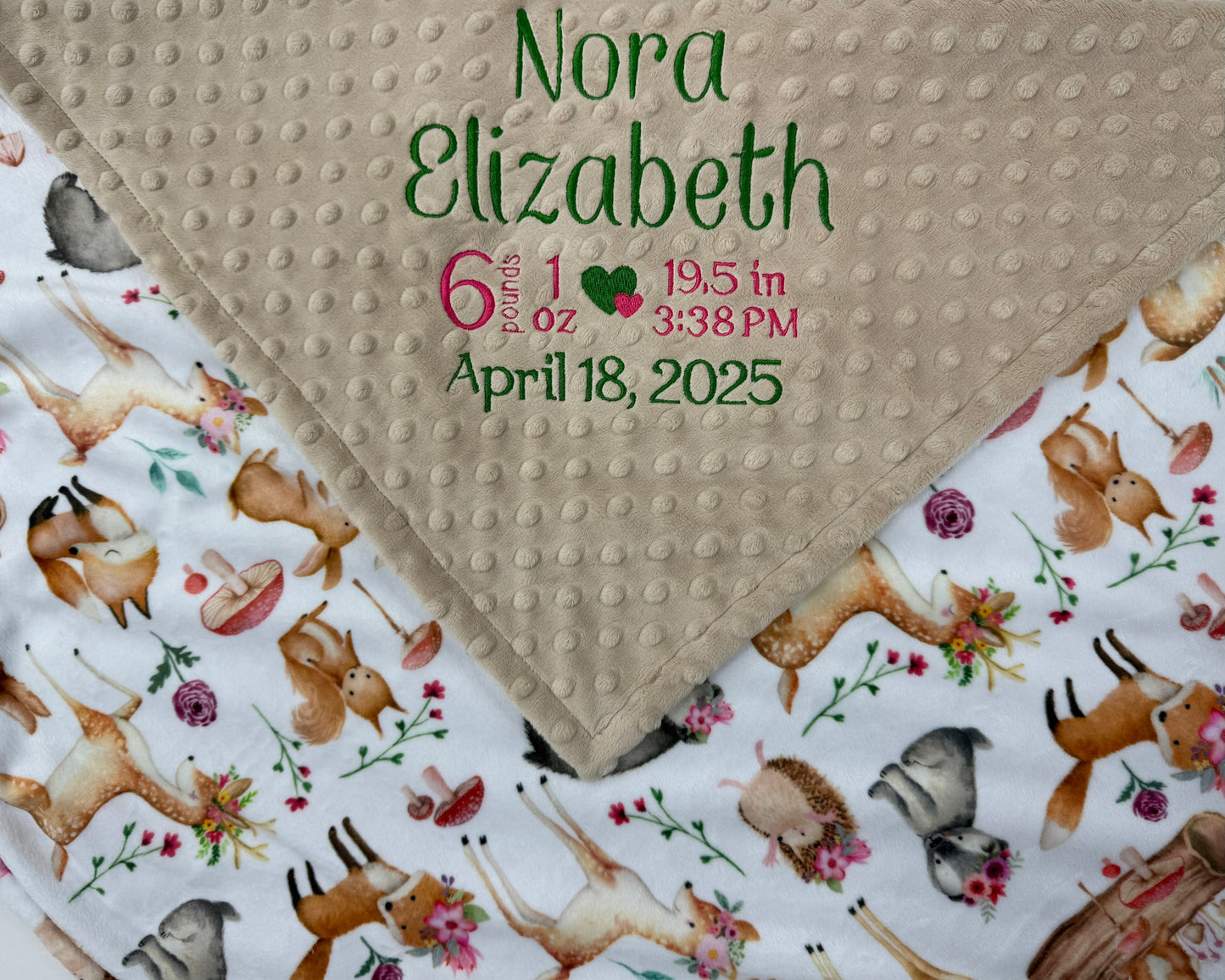 Personalized Baby Blanket in Tan with Woodland Animal Print, Birth Stats