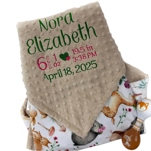 Personalized Baby Blanket in Tan with Woodland Animal Print, Birth Stats