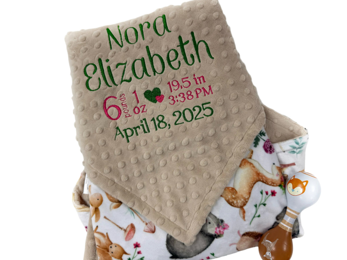 Personalized Baby Blanket in Tan with Woodland Animal Print, Birth Stats